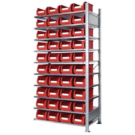 Steckregal H2000xB1000xT400mm Anbauregal 10 Stahlböden 40 x Gr. 4 rot