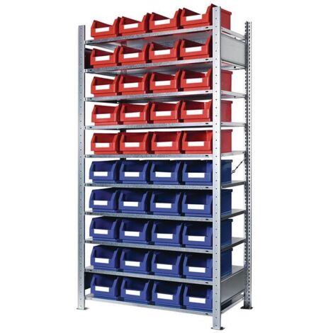 Steckregal H2000xB1000xT400mm Grundregal 10 Stahlböden 20 x Gr. 4 blau, 20 x Gr. 4 rot