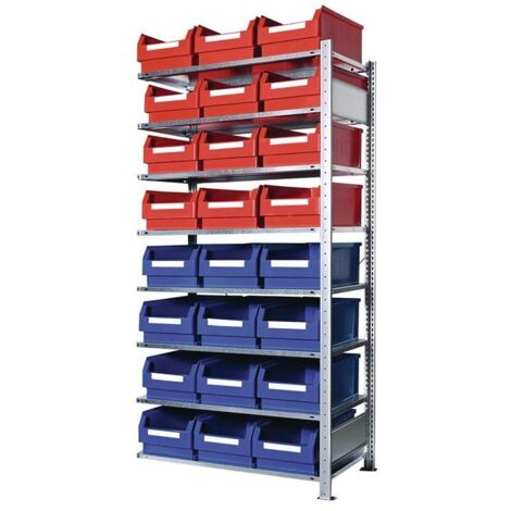 Steckregal H2000xB1000xT500mm Anbauregal 8 Stahlböden 12 x Gr. 2 blau, 12 x Gr. 2 rot