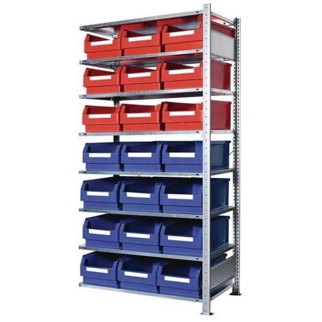 Steckregal H2000xB1000xT500mm Anbauregal 8 Stahlböden 9 x Gr. 2 blau, 12 x Gr. 2 rot
