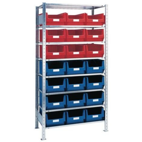 Steckregal H2000xB1000xT500mm Grundregal 8 Stahlböden 12 x MK2 blau, 9 x MK2 rot