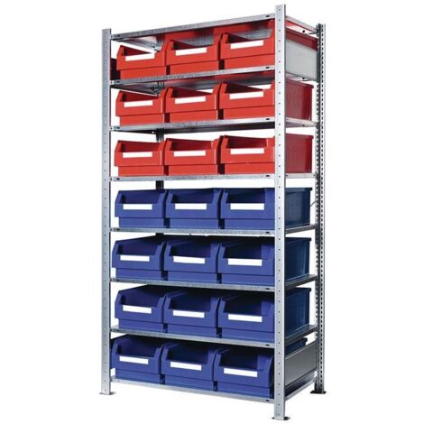 Steckregal H2000xB1000xT500mm Grundregal 8 Stahlböden 9 x Gr. 2 blau, 12 x Gr. 2 rot