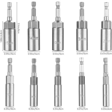 Steckschlüssel-Adapterset, 10-teilig, 1/4", Sechskantbits von 6 bis 15 mm, für Bohrmaschine und Schlagschrauber