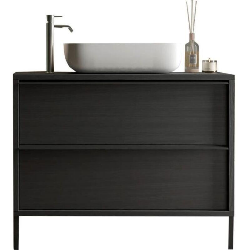 STEEL Ensemble Meuble salle de bain L 92 + vasque + 2 Tiroirs - Coloris Chene noir brulé