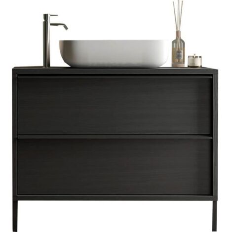 Meuble de salle de bain avec vasque céramique 50cm – L 92cm x P 43cm x H 92cm – 2 tiroirs soft close – Chêne noir mélaminé