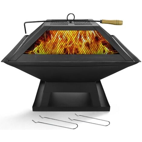 Steel Fire Pit Table Top Square Steel Patio Garden Heater Folding BBQ Camping - Black