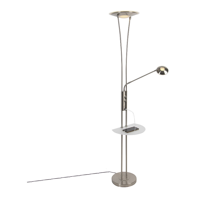 Steel floor lamp with reading arm incl. LED and USB port - Seville