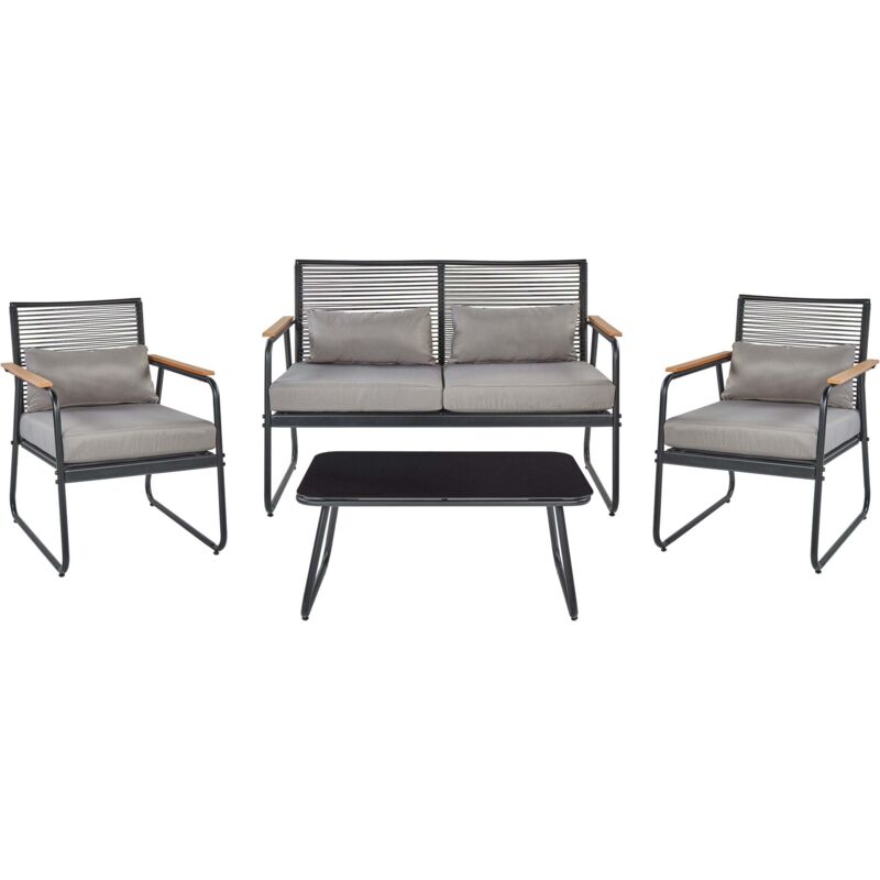 Beliani - Steel Garden Set With Grey Cushions Lounge Set 4 Seater Set Table Black Pomonte