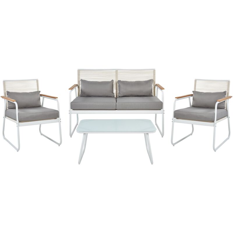 Beliani - Steel Garden Set With Grey Cushions Lounge Set 4 Seater Set Table White Pomonte