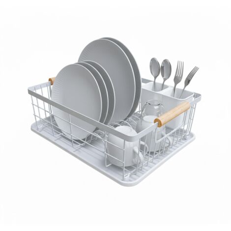 Steel Wooden Handle Draining Board Tray Cutlery Holder 10 Plates 6 Glasses