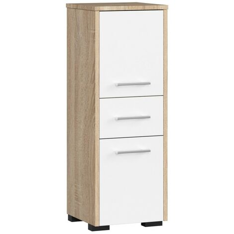 Stehender Badezimmerschrank AKORD FIN Sonoma-Eiche 30 cm 2 Türen Schublade 3 Ebenen Front Weiß B30 x H85 x T30 cm