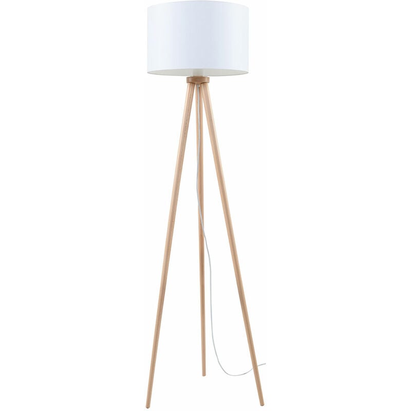 Stehlampe Holz Dreibein Stehleuchte Dreibein Holz Stehlampe Skandinavisch Design, naturfarben mit rundem Schirm in weiß, 1x E27, H 160 cm
