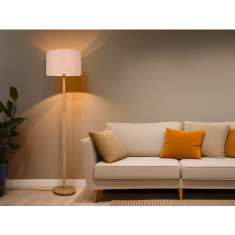 Stehlampe KORBA mit Holz Fuß & Stoff Lampenschirm Weiß, Höhe 162cm