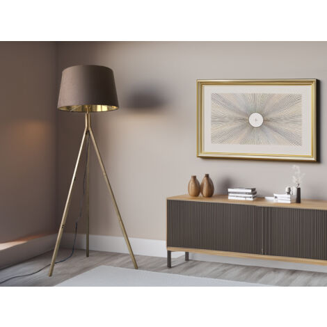 Stehlampe mit Dreibein aus Holz, Samtschirm Braun Gold, Höhe 157cm