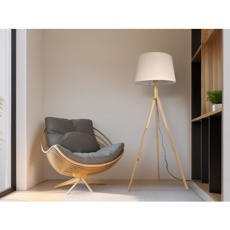Stehlampe mit Dreibein aus Holz, Stoff Lampenschirm Creme Weiß, Höhe 157cm