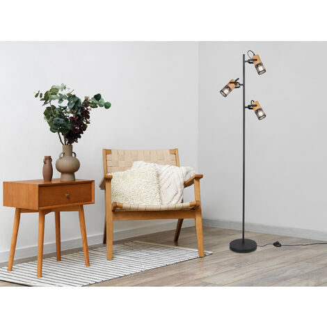 Stehlampe TOSH mit 3 Strahlern Gitter Schwarz & Holz, schwenkbar, Höhe 150cm