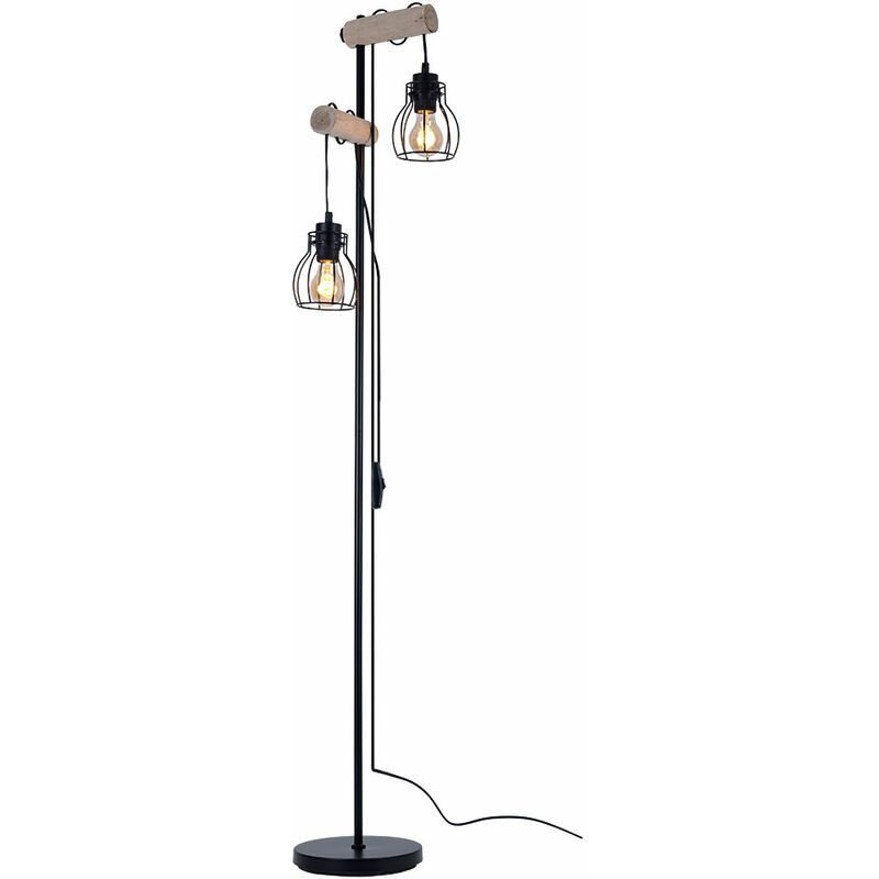 Etc-shop - Stehlampe Vintage Holz Stehleuchte Industrial Design Standleuchte Retro, höhenverstellbar mit Drahtschirmen, 2x E27, LxBxH 38,5x23x150 cm