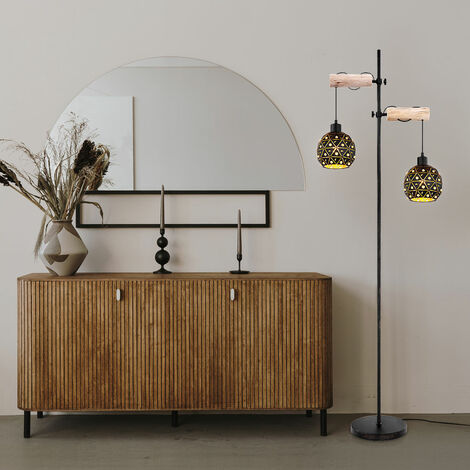 Stehlampe Vintage Holz Stehleuchte Standleuchte Retro höhenverstellbar mit Kristall Schirmen, Metall, 2x E27 Fassung, LxBxH 54x25x168 cm