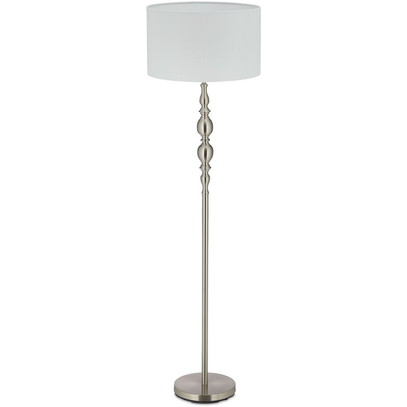 Stehlampe Wohnzimmer, E27, mit Kabel, Stoff Lampenschirm Ø 43 cm, Vintage Stehleuchte 155 cm hoch, weiß-silber - Relaxdays