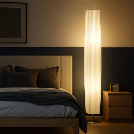 Stehleuchte 2 flammig Stehlampe Schlafzimmerlampe Beistellleuchte Textil weiß, Metall Chrom , 2x E27, L x B x H 14 x 14 x 119 cm