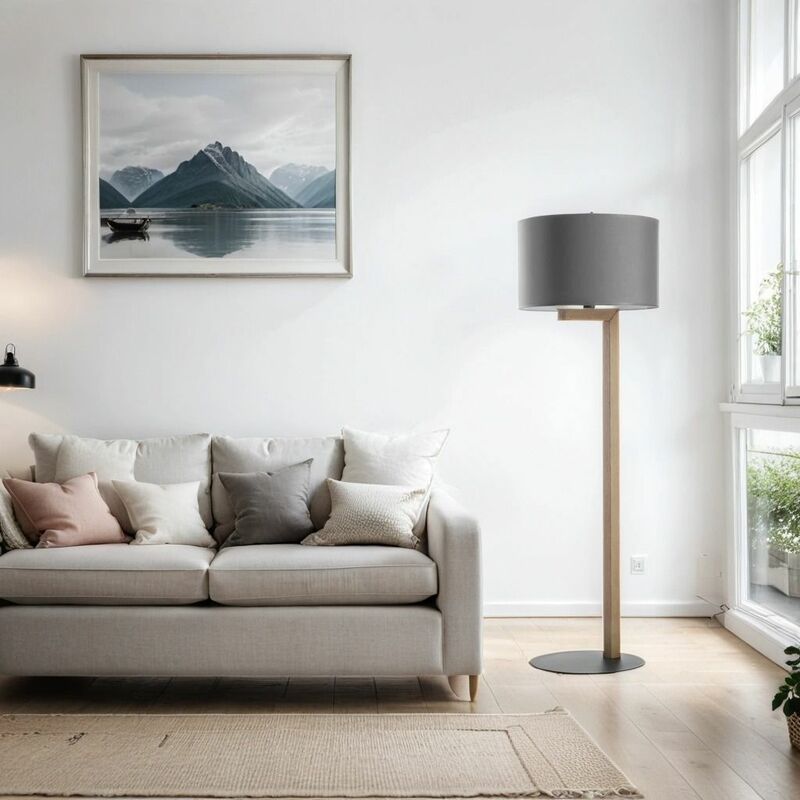 Stehleuchte Graphit Holz rund H:130cm Lampe TROY - gebürstetes Holz, Graphit