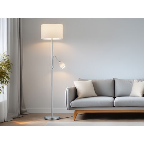 Stehleuchte HOTEL Silber matt mit Leselampe, Stoffschirm Weiß, Höhe 170cm