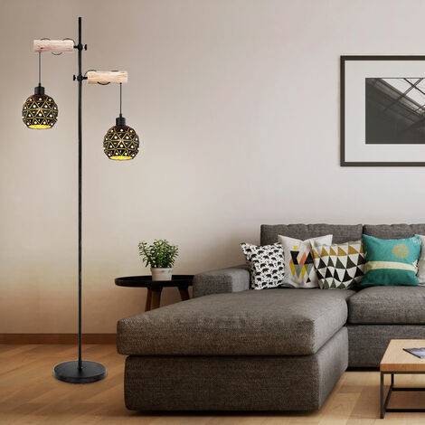Stehleuchte Stehlampe Vintage Holz Standleuchte Wohnzimmer höhenverstellbar mit Kristall Schirmen, Metall, 2x E27 Fassung, LxBxH 54x25x168 cm