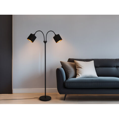 Stehleuchte TOMMY 2 flammig Metall, Stoffschirm Schwarz Gold, Höhe 130cm