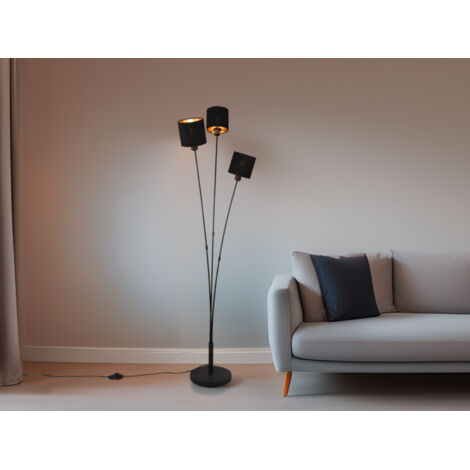 Stehleuchte TOMMY 3 flammig Metall, Stoffschirm Schwarz Gold, Höhe 150cm