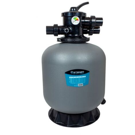 Steiner – Filtre à sable 535mm – Débit max 11,5m³/h – Vanne Top 6 voies 1,5' – Cuve en polyéthylène haute densité – Compatible eau salée/chlorée