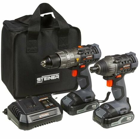 Steiner – Pack de perceuse percussion et visseuse à choc 20V – 2 batteries 2.0Ah – Moteur DC 4 pôles – Couple 60Nm et 180Nm pour perçage béton