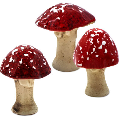 Steingut Deko Pilz Gartenfigur 6 cm zum Hinstellen - 3er Set - Fliegenpilz Dekofigur zur Herbstdeko