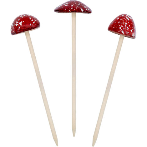 Steingut Deko Pilz Gartenstecker 24 x 6 cm - 3er Set - Fliegenpilz Blumenstecker zur Herbstdeko