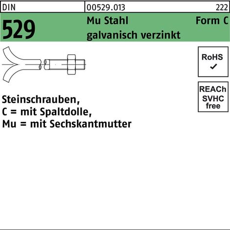 Steinschraube DIN 529 m.Spaltdolle/6-kantmutter CM 24x250 Mu 3.6galv.verz. 5St.