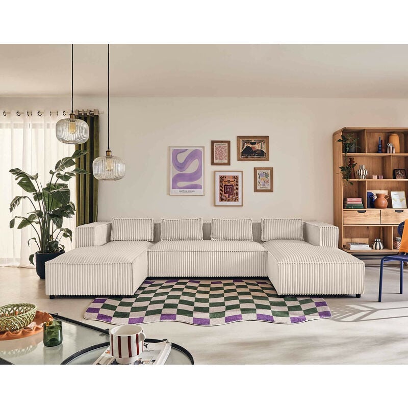 Lisa Design - Stella - canapé panoramique en u - 7 places - en velours côtelé grosses côtes - blanc