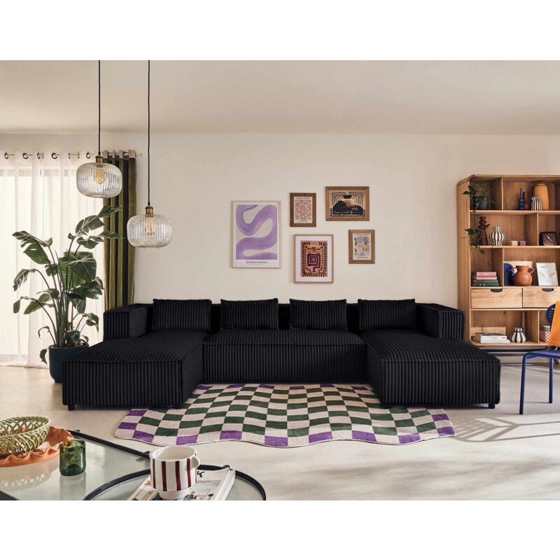 Lisa Design - Stella - canapé panoramique en u - 7 places - en velours côtelé grosses côtes - noir