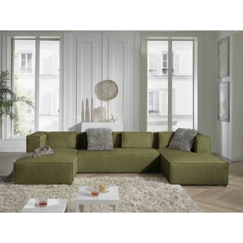 Lisa Design - Stella - canapé panoramique en u - 7 places - en velours côtelé - vert