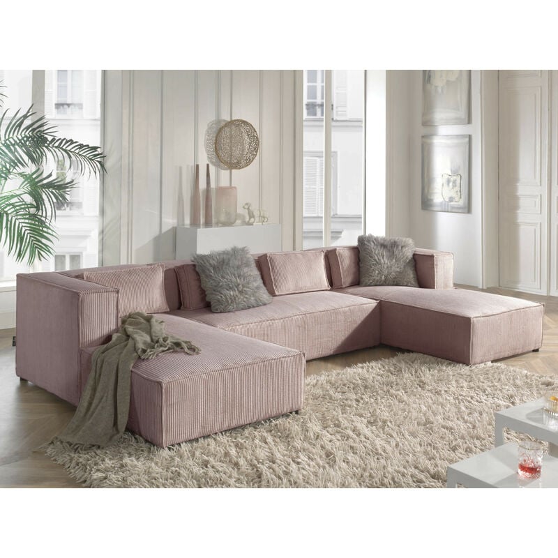 Lisa Design - Stella - canapé panoramique en u - 7 places - en velours côtelé - rose - Rose