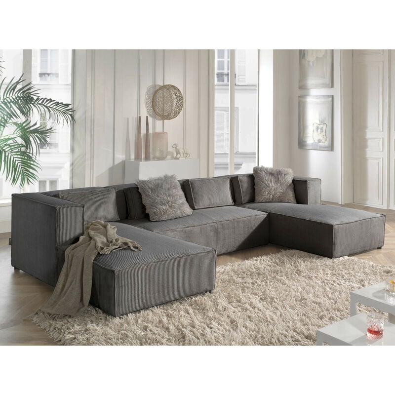 Lisa Design - Stella - canapé panoramique en u - 7 places - en velours côtelé - gris foncé - Gris foncé