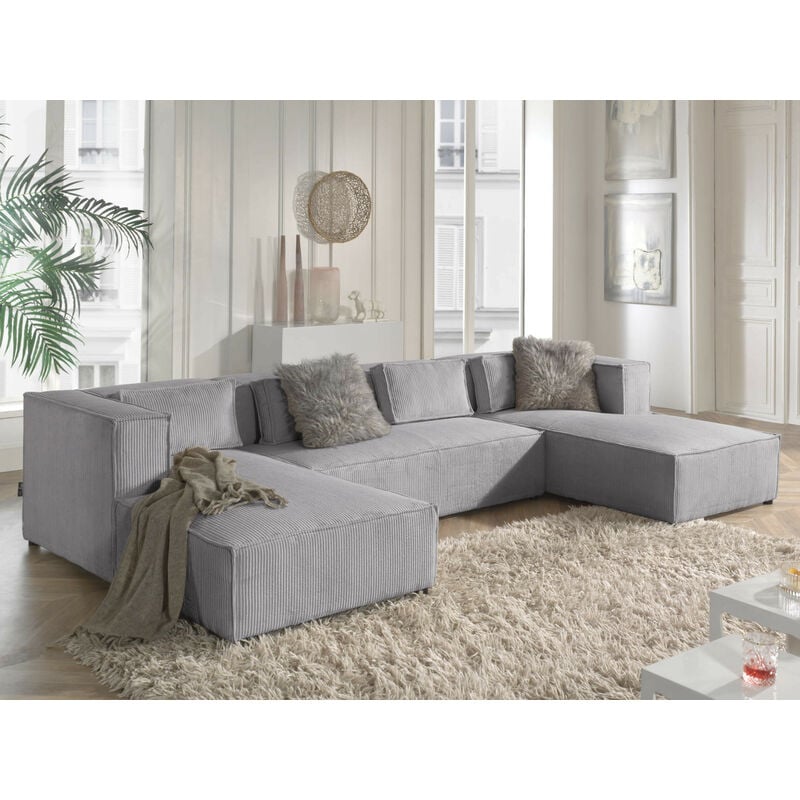 Lisa Design - Stella - canapé panoramique en u - 7 places - en velours côtelé - gris clair - Gris clair