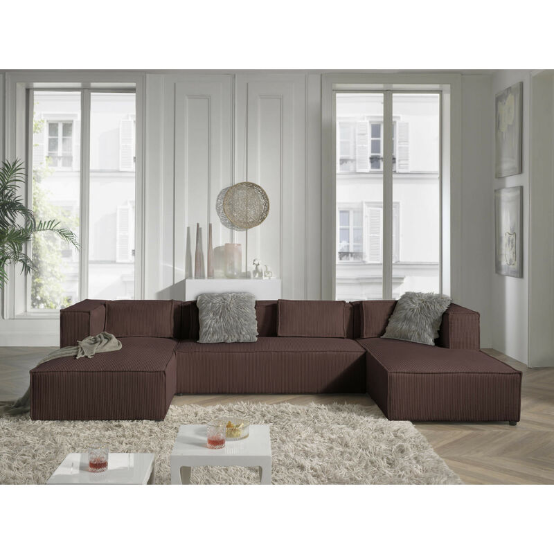 Lisa Design - Stella - canapé panoramique en u - 7 places - en velours côtelé - marron - Marron