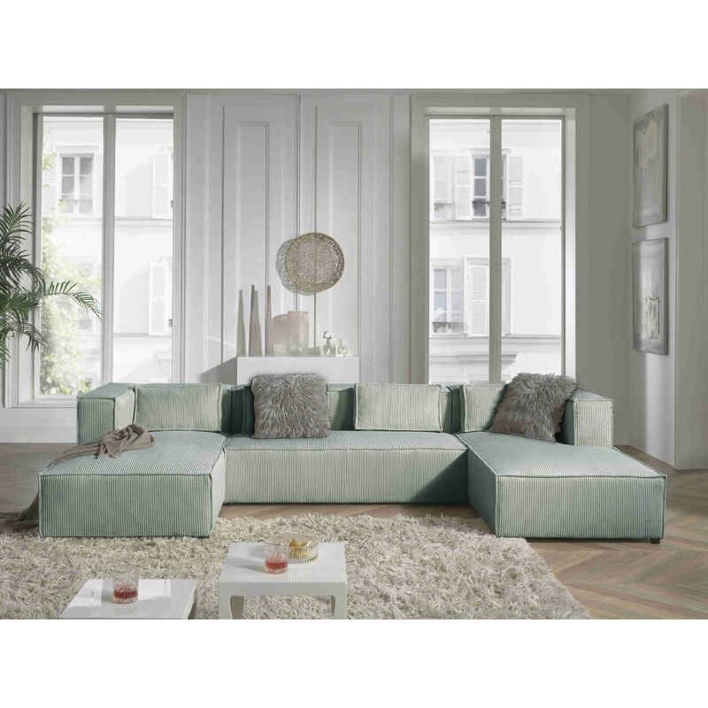 Lisa Design - Stella - canapé panoramique en u - 7 places - en velours côtelé - bleu - Bleu