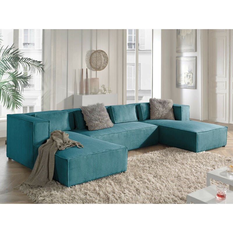 Lisa Design - Stella - canapé panoramique en u - 7 places - en velours côtelé - bleu canard - Bleu canard