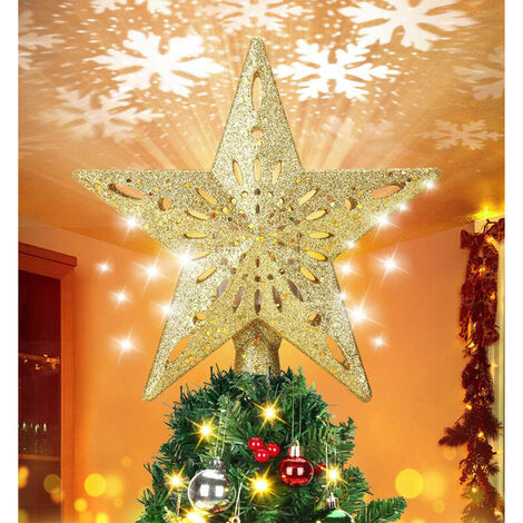 Stella per albero di Natale con proiezione a LED per effetti di luce dinamici a fiocco di neve, ornamenti per albero di Natale con glitter oro, decorazione per albero di Natale con stella alimentata