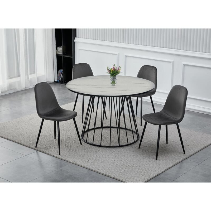Deco In Paris - stella - Table à manger ronde effet marbre blanc pied en métal noir stella