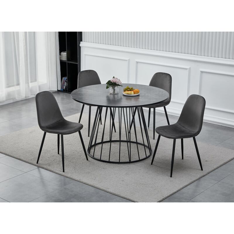 Deco In Paris - stella - Table à manger ronde effet marbre gris pied en métal noir stella
