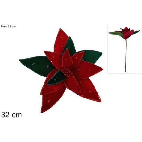 STELO FIORE DECORATIVO 32CM IN VELLUTO CON BORDO GLITTER ROSSO/VERDE DI DUEESSE