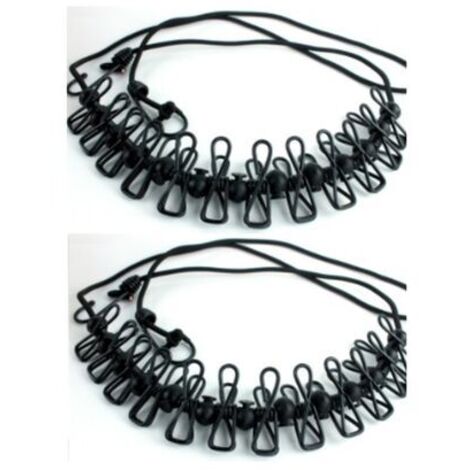 Stendibiancheria da campeggio retrattile regolabile elastico portatile da 2 pezzi con 12 clip di posizionamento e fibbie per esterni, viaggi, campeggio al chiuso, nero