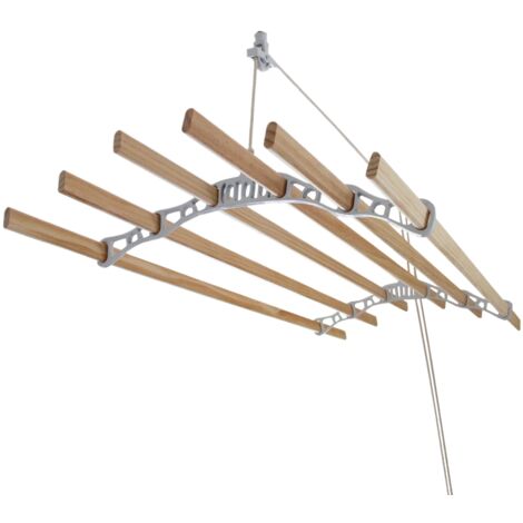 Stendibiancheria da Soffitto con 6 Stecche Legno 150cm e Supporti Ghisa Bianchi