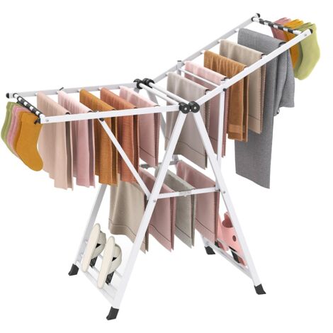 Stendibiancheria indipendente, stendino pieghevole in metallo con ali regolabili in altezza, 16 aste per stendere, clip (1,4 m, bianco)